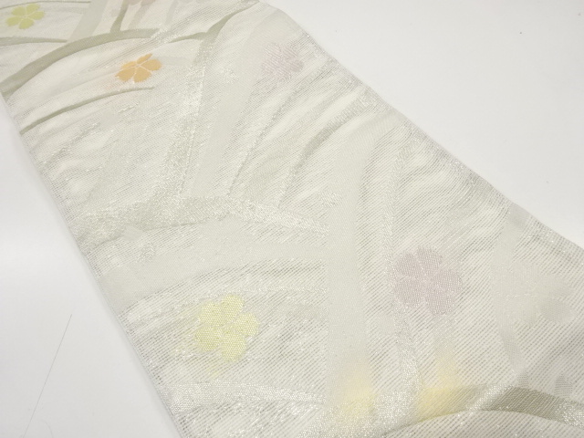 JAPANESE KIMONO / ANTIQUE SUMMER FUKURO OBI / WOVEN WAVE & SAKURA